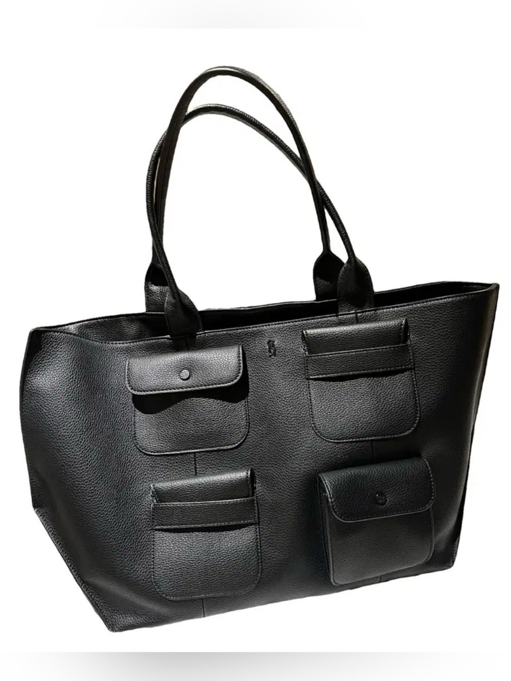 Steve Madden Banisia  Black Pebbled Faux Leather Cargo Tote Bag With Pockets